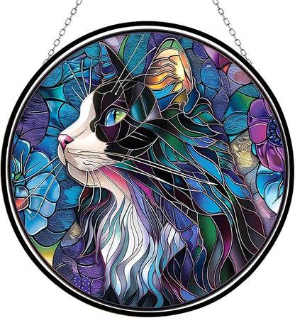 Tuxedo Cat Stained Glass Suncatcher Window Hanging, Gothic Dragon Christmas Ornaments for Fiction Lovers, Dinosaur Room Decor for Nursery New Home Gifts