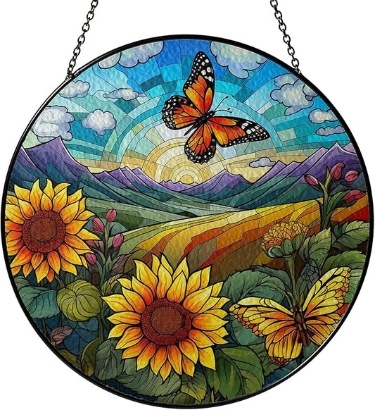 Sunflower Stained Glass Suncatcher Window Hanging Decor - Christmas, Mother's Day, Birthday Sunflower Gifts for Women Adults, Friends Sisters Teachers, Home Decors for Window Kitchen Garden Patio