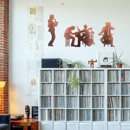 J-Fly Music Art Wall Decor Jazz Decoration Cowboy Metal Wall Art Rustic Indoor and Valentine Home Decor With Saxophone Cello Drum Kit And Piano,Brown
