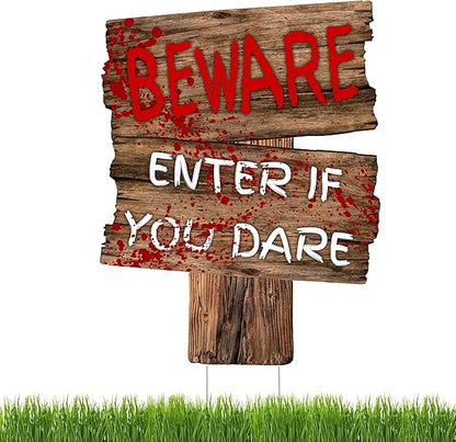 Large Beware Danger Haunted Keep Out Halloween Yard Sign Home Outdoor Lawn Decoration With Stakes Scary Spooky Decor 17x13 Inches (Beware)