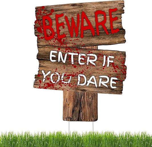 Large Beware Danger Haunted Keep Out Halloween Yard Sign Home Outdoor Lawn Decoration With Stakes Scary Spooky Decor 17x13 Inches (Beware)