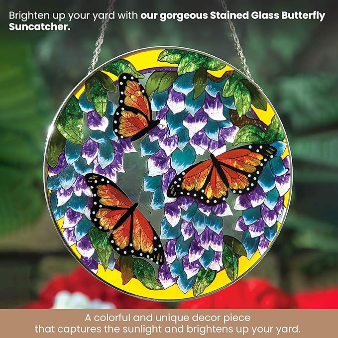 Bits and Pieces - Artistic Butterfly Suncatcher - Stained Glass Window Hanging - Hand-Painted Monarch Butterfly Suncatcher – Home Garden Decor - 9¾""