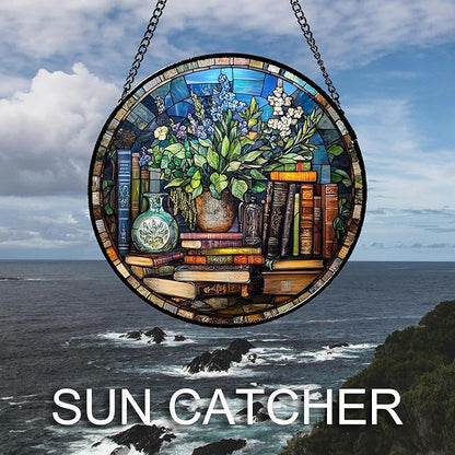 Stained Glass Window Hanging Teal Flower Vintage Books 9.8" - Blue Suncatcher Door Garden Sun Catcher Home Decor Birthday Christmas for Mom Men Woman Nana Friend