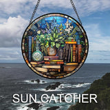 Stained Glass Window Hanging Teal Flower Vintage Books Large 15" - Blue Suncatcher Door Garden Sun Catcher Home Decor Birthday Christmas for Mom Men Woman Nana Friend