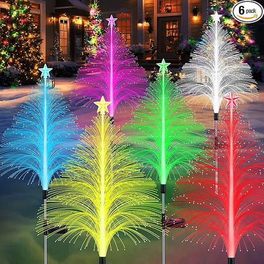MRHEPHAESTUS Solar Christmas Decorations, 6 Pack 38.5 Inch 7 Color Changing Jellyfish Lights with 5 Layer Optical Fiber Solar Flower Lights for Outdoor Xmas Yard Garden Pathway Decor
