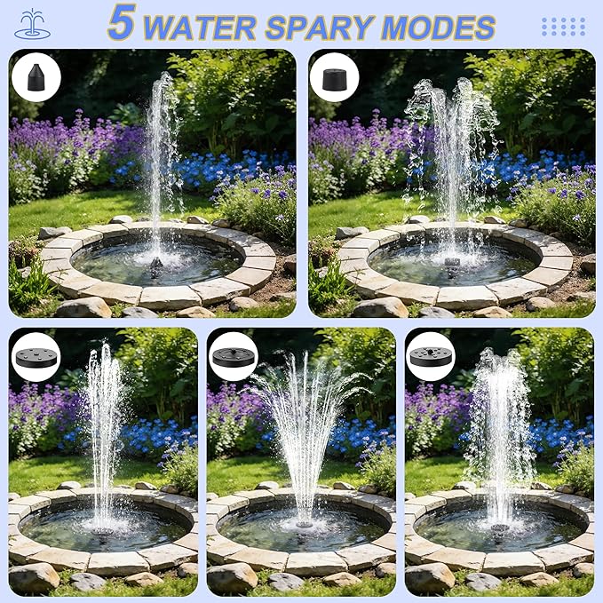 Yeomi Solar Water Fountain for Bird Bath, 2.5W 5V Solar Powered Water Pump with Separated Solar Panel, Outdoor Solar Fountain for Small Pond, Garden Water Feature Decoration with 5 Spray Nozzles