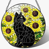 Stained Glass Window Hanging, Pauyadu 8 Inch Sunflower Black Cat Stained Glass Suncatcher, Cats Lover Gifts, Black Cat Memorial Ornament, Window Hanging Decor, Pet Gift, Gifts for Women, Mom