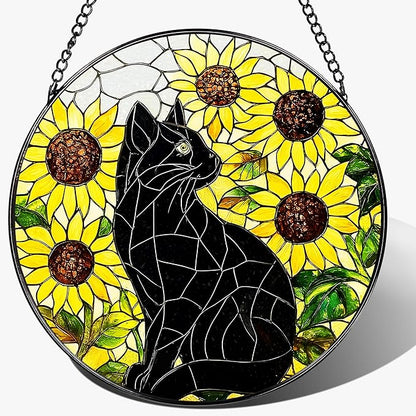 Stained Glass Window Hanging, Pauyadu 8 Inch Sunflower Black Cat Stained Glass Suncatcher, Cats Lover Gifts, Black Cat Memorial Ornament, Window Hanging Decor, Pet Gift, Gifts for Women, Mom