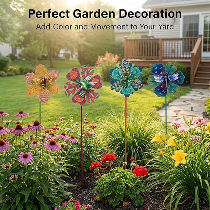 Topadorn Metal Floral Garden Stakes Waterproof Wind Spinner Decor - Colorful Windmill Design for Patio, Lawn, Garden, for Plant Lovers,4 Pack