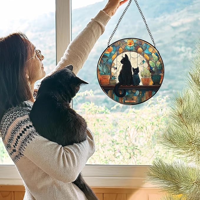 Black Cat Book Lovers Stained Glass Window Hanging, Book Lovers Reader Gifts Suncatchers Sun Catchers Indoor Window Glass Wall Art Decorations, Black Cat Gifts for Women, 7.9x7.9in, Patio