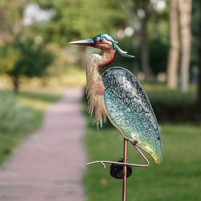 TERESA'S COLLECTIONS 42 inch Glass Blue Heron Solar Stake Light + Metal Pelican Statue for Garden Decor, Decorative Bird Art Sculpture Ornaments for Patio Lawn Backyard Outdoor Decorations
