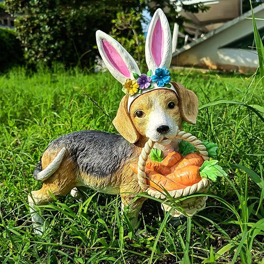 Cynkeyee Dog Garden Statue Decoration - Cute Puppy Beagle Statues with Bunny Ears Carrot Basket Figurines for Tabletop Self Floor Indoor Decor 11.5x4x10.5 inch