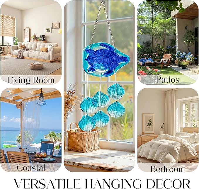 H&D HYALINE & DORA 20 Inch Glass Sea Turtle Wind Chimes Blown Glass Seashell Wind Chimes for Outside Handmade Wind Chime Decorative for Living Room, Bedroom, Beach House