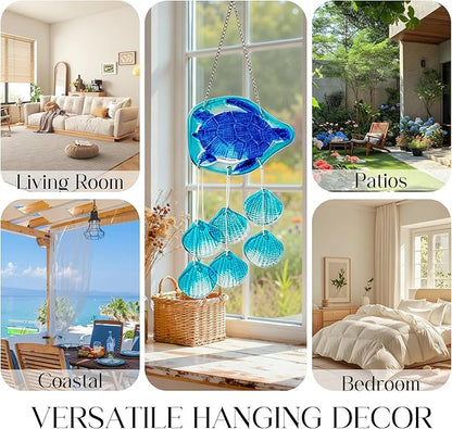 H&D HYALINE & DORA 20 Inch Glass Sea Turtle Wind Chimes Blown Glass Seashell Wind Chimes for Outside Handmade Wind Chime Decorative for Living Room, Bedroom, Beach House
