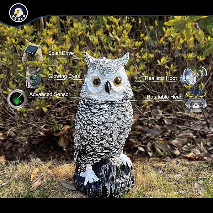Solar Powered Snow Owl with Glowing Eyes, Rotatable Head, Realistic Hoots, Detection and Silent Mode, Garden Sculpture, Decoration for Home, Garden, Patio and Lawn