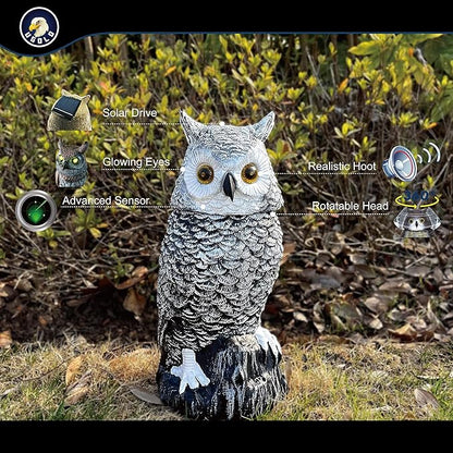 Solar Powered Snow Owl with Glowing Eyes, Rotatable Head, Realistic Hoots, Detection and Silent Mode, Garden Sculpture, Decoration for Home, Garden, Patio and Lawn
