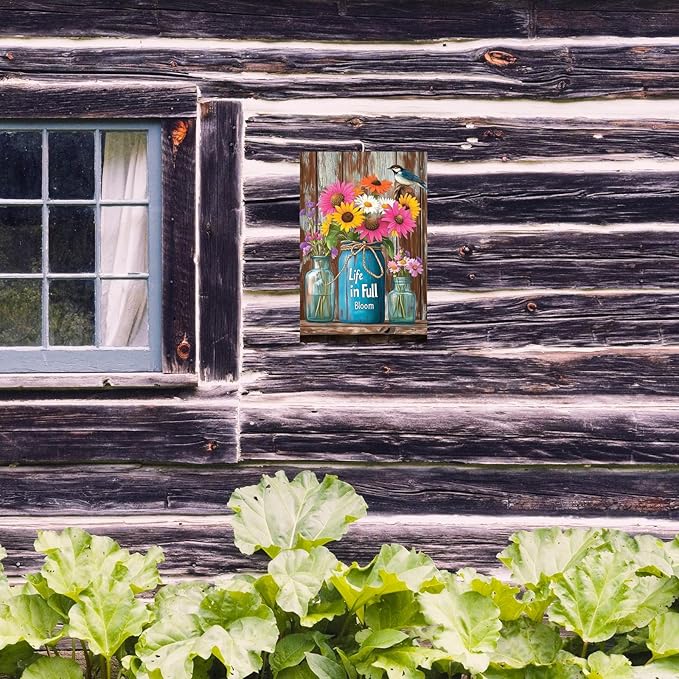 Flowers-Sign Metal-Poster Wall-Art Bird-Décor, Life in Full Bloom, Yard Garage Farm Outside Garden Plaque Outdoor for Home Fence 8 X 12 Inch
