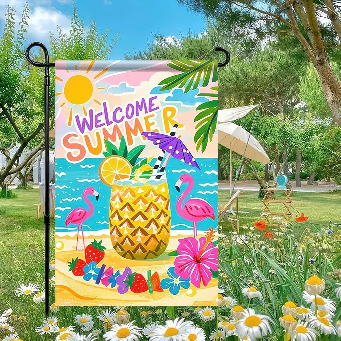 BlissYard Welcome Summer Garden Flag 12x18 Double Sided Flamingo Sunshine Hawaii Tropical Beach Holiday Garden Flags Welcome Summer Tropical Ocean Sea Yard Flag for Seasonal Outdoor Party Decoration