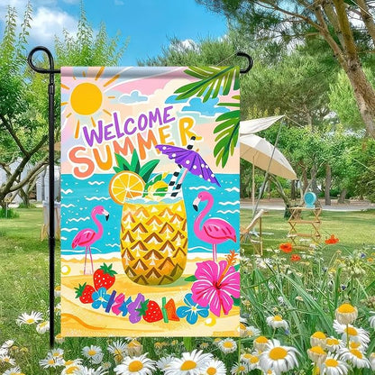 BlissYard Welcome Summer Garden Flag 12x18 Double Sided Flamingo Sunshine Hawaii Tropical Beach Holiday Garden Flags Welcome Summer Tropical Ocean Sea Yard Flag for Seasonal Outdoor Party Decoration