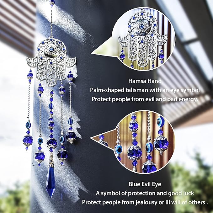 Crystal Prism Suncatcher Ornament for Christmas Tree with Hamsa Fatima Hand Protection Charm Turkish Greek Blue Evil Eye Sapphire Crystals Beads for Window Hanging Decoration