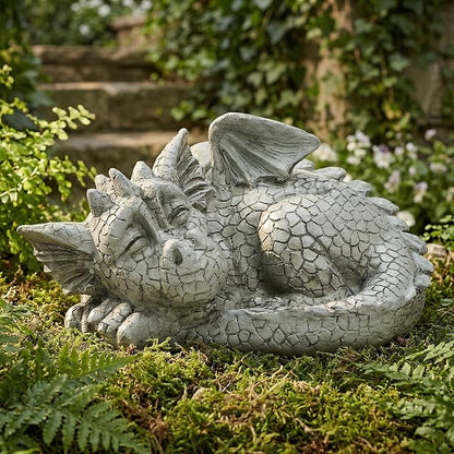 Jucoan Cute Sleeping Dragon Statue Outdoor Garden Decor, 8 Inch Resin Dragon Figurine Sculpture Lawn Ornaments for Outside Patio Yard, Fantasy Dragons Garden Statues Gifts for Mom, Woman