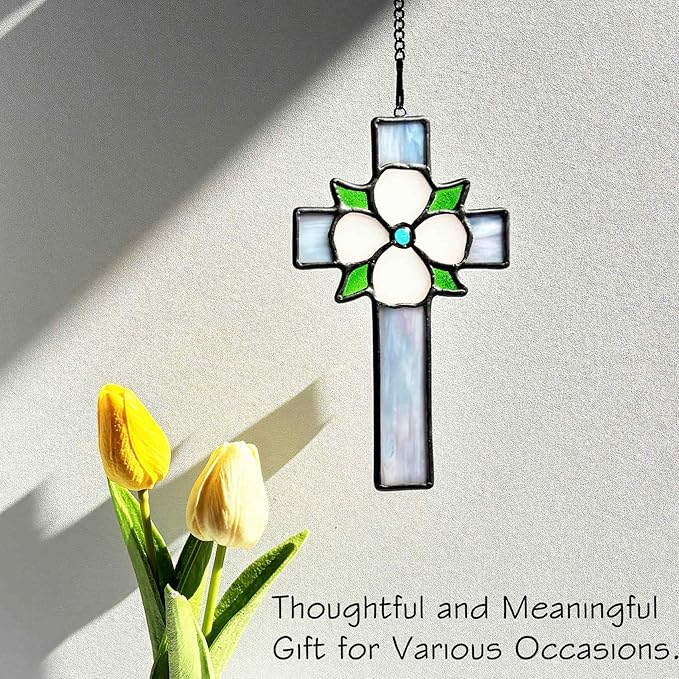 Stained Glass Flower Cross Decor Window Hanging for Baptism, First Communion Handmade Art Cross Suncatchers Religious Ornament Gifts for Women