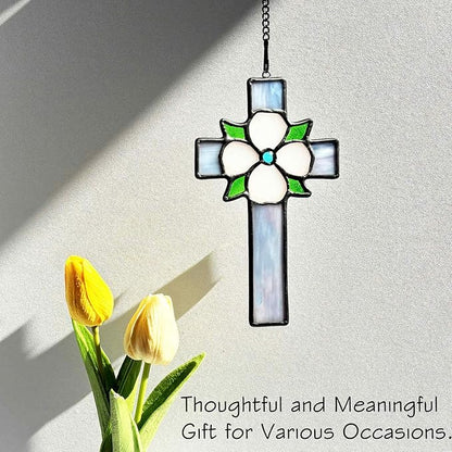 Stained Glass Flower Cross Decor Window Hanging for Baptism, First Communion Handmade Art Cross Suncatchers Religious Ornament Gifts for Women