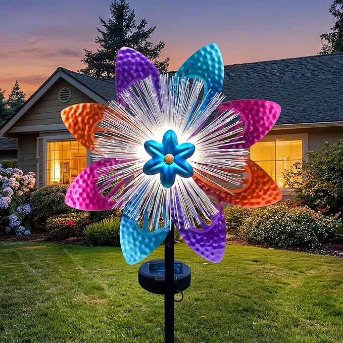 Solar Wind Spinners Outdoor, Metal Wind Sculptures & Kinetic Spinners with Optical Fiber, Garden Spinner Windmills for Yard Decor, Patio Backyard Lawn Decorations, Gifts for Family Friends