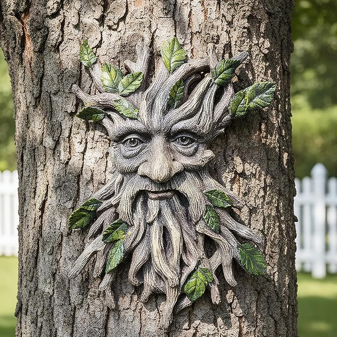 13.2" Real Tree Face Hugger Statue, Resin Elves Sculpture with Foliage Features, Large Outdoor Tree Hugger for Yard Art, Halloween Trees Decorations Outdoor Wall Mounted Statue