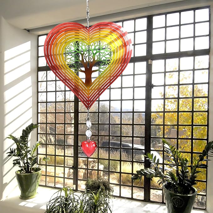 3D Heart Shaped Wind Spinner, 10"x7" Stainless Steel Outdoor with Tree of Life Design, Waterproof Colorful Hanging Wind Rotator with Soothing Bell, Decorative Garden Yard Patio Art Gift