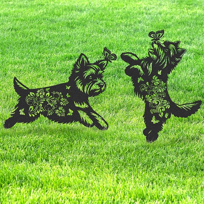 Yorkie Metal Garden Stakes - 2 Pcs Animal Yard Statues Dog Decor Patio Lawn Decoration Outside Waterproof Butterfly Flower Silhouette Pathway Sign Christmas Birthday Gifts for Dogs Lover