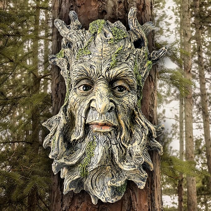 Teaeeno Whimsical Tree Face Garden Decoration, 10.2 in Tree Faces Decor Outdoor Wallmounted Statue Art with Leaf Features, Outdoor Decor Garden Accessory (Nature and Outdoors)