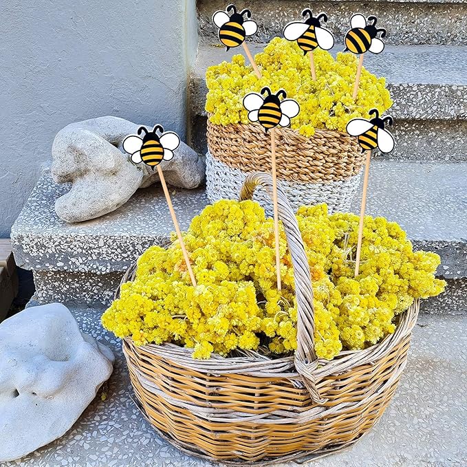 6 Pcs Bee Garden Stakes Yard Decor Wood Bee Yard Art Stakes Decorative Spring Vivid Plant Stick for Indoor Outdoor Plant Lawn Path Terrace Flower Pots Festival Party