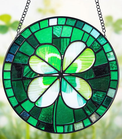 Stained Glass Window Hanging, Green Four Leaf Clover Suncatcher 7.8 in Sun Catcher Boho Wall Art Decor with Chain Diamond Glass Panel Hangings Scenery Sun Catchers Decor for Lover Couple Mom