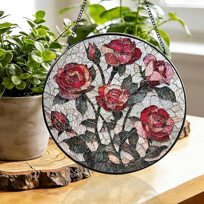 Pink Red Roses Stained Glass Window Hanging Suncatchers Valentine Roses Glass Panel Hangings Vintage Floral Window Decor Flowers Lovers Gift for Women Mom Spring Garden Nature Ornament 11.8inch