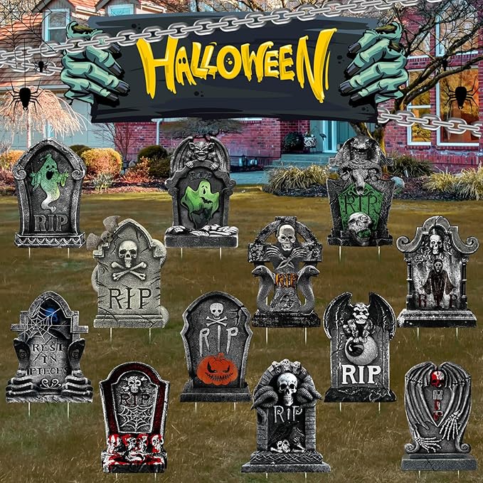 Soaoo 12 Pack 15" Halloween Graveyard Tombstone Yard Sign Halloween Decorations Outdoor Gravestone Headstone Decorations with Lawn Stakes Metal Stakes for Lawn Yard Outdoor Garden Haunted House Decor