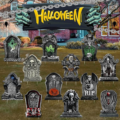 Soaoo 12 Pack 15" Halloween Graveyard Tombstone Yard Sign Halloween Decorations Outdoor Gravestone Headstone Decorations with Lawn Stakes Metal Stakes for Lawn Yard Outdoor Garden Haunted House Decor