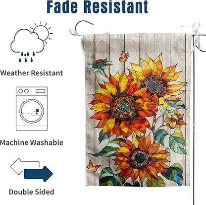 Stained Glass Sunflower Fall Garden Flag Autumn Flower Yard Signs for Outside 12x18 Double Sided Small Thanksgiving Monarch Butterfly Banner Outdoor Farmhouse Decorations