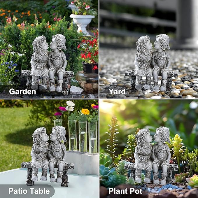 Lily's Home First Kiss Resin Garden Statue, Little Girl and Boy Kissing Yard Miniature Figurine,Small and Exquisite, 8 ¼ Inch