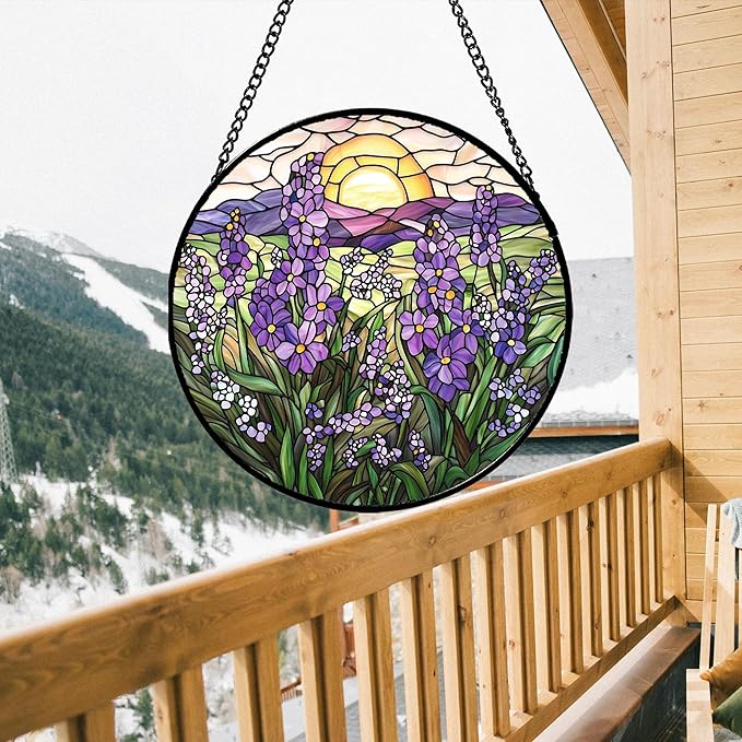 Stained Glass Window Hanging - Purple Lavender Suncatcher for Door Terrace Garden Home Decor Plant Flowers Landscape Sun Catcher Birthday Gifts for Lovers Women Men Dad Mom Nana 6.3 in