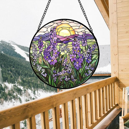 Stained Glass Window Hanging - Purple Lavender Suncatcher for Door Terrace Garden Home Decor Plant Flowers Landscape Sun Catcher Birthday Gifts for Lovers Women Men Dad Mom Nana 11.8 in