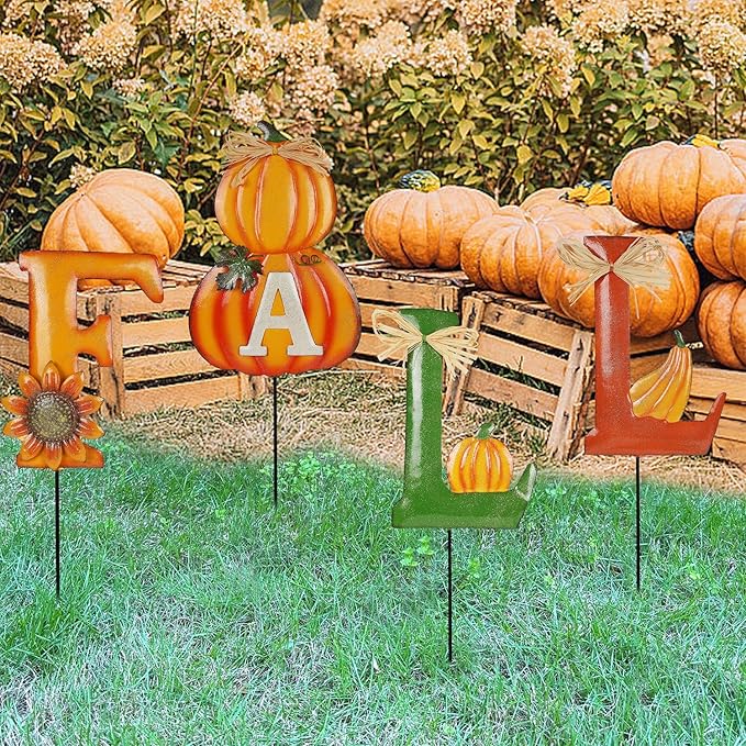 Juegoal 4 Pcs Fall Decorative Garden Stakes, 24 Inch Letter Metal Yard Sign with Pumpkins, Outdoor Art Stake for Thanksgiving Decorations Autumn Harvest Patio Lawn Walkway, Style A