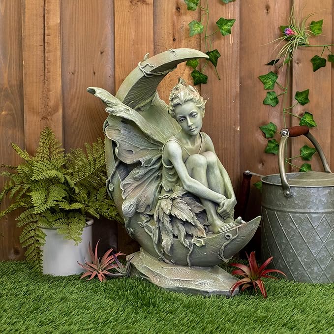 Napco Imports Resin Stone Fairy Moon Statue with Bronze Finish 14102