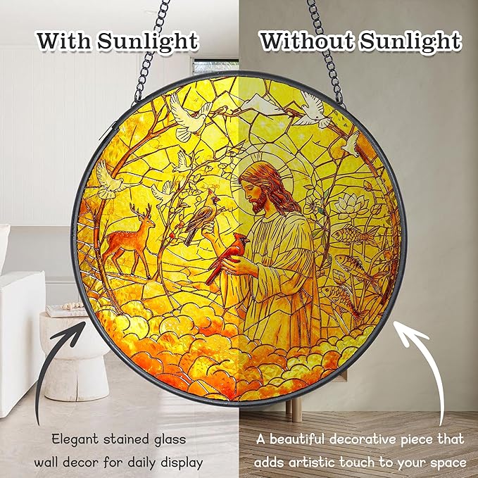 Stained Glass Window Hanging - Religious Easter Decorations with Priest & Red Bird Design - Christian Gifts, Sun Catchers Indoor Window, Catholic Wall Decor for Home, Church, Office