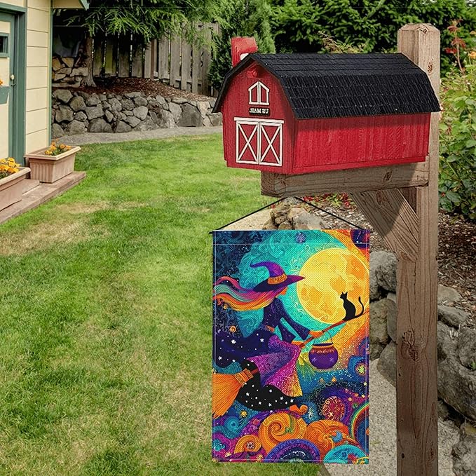 Witch Moon Cat Garden Flag Seasonal Double Sided 12 x 18 Inch Small Yard Flag for Indoor Outdoor Decor Holiday All Seasons