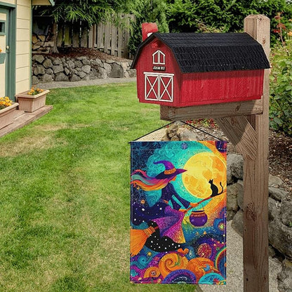 Witch Moon Cat Garden Flag Seasonal Double Sided 12 x 18 Inch Small Yard Flag for Indoor Outdoor Decor Holiday All Seasons
