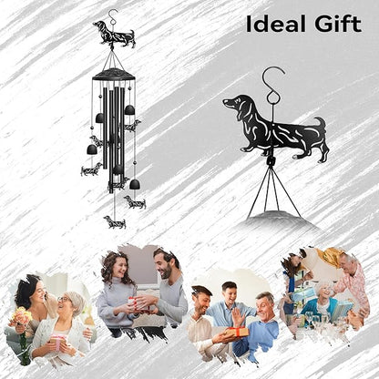 Dachshund Wind Chimes for Outside, Decorative Wind Chimes Dachshund Gifts for Women/Men, Memorial/Birthday Gifts, Garden Decor for Outside, Patio or Yard, Durable Chimes for Outdoors (Black)