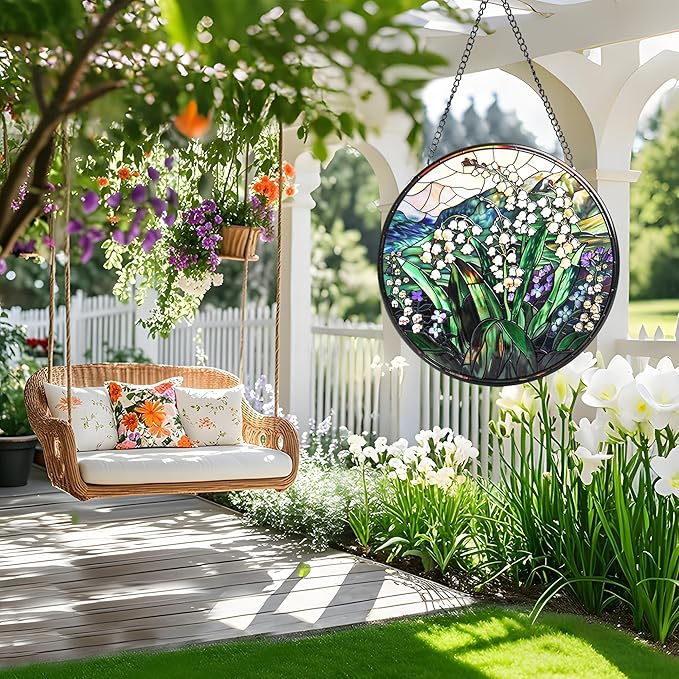 Staied Glass Window Hanging, White Green Lily Sun Catcher for Door Terrace Garden Kitchen Home Decor, Plants Flowers Suncatchers for Christmas Mother's Day Birthday Gift for Women Men Mom Nana 7.8 in
