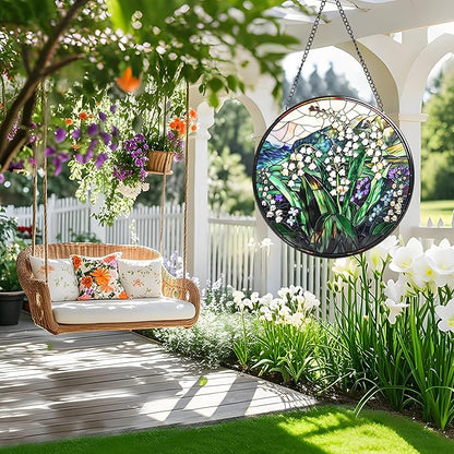 Staied Glass Window Hanging, White Green Lily Sun Catcher for Door Terrace Garden Kitchen Home Decor, Plants Flowers Suncatchers for Christmas Mother's Day Birthday Gift for Women Men Mom Nana 9.8 in