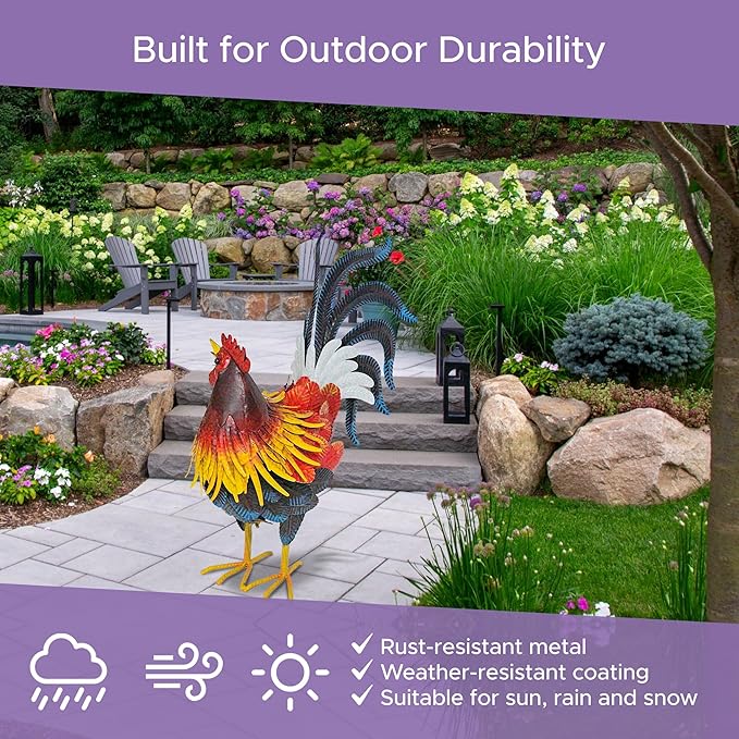 Hand-Painted Lifelike Metal Rooster Weather-Resistant Outdoor Garden Statue, Indoor/Outdoor Decor, Gift-Ready Centerpiece